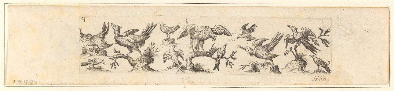 Frieze with eleven birds; a bird with spread wings at centre s.d print by Jan Collaert (I), S.IV 86330, Prints Department, Royal Library of Belgium