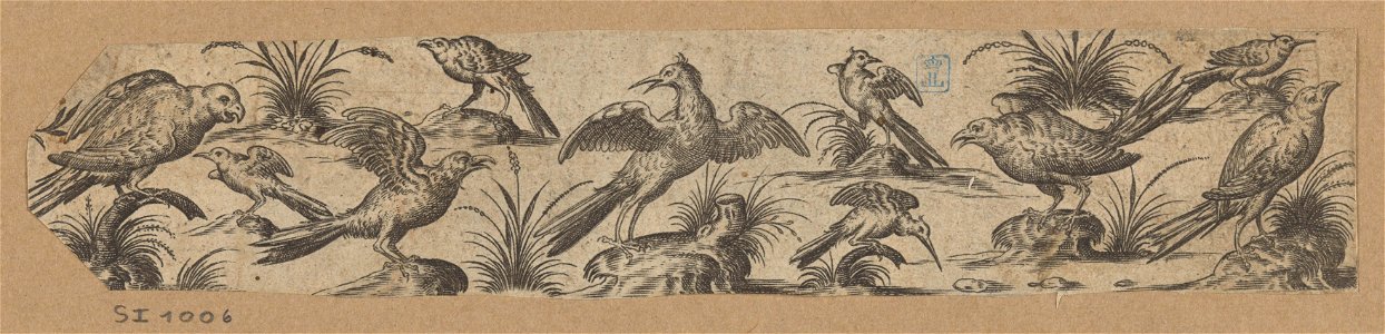 Frieze with eleven birds; an owl at left s.d print by Jan Collaert (I), S.I 1006, Prints Department, Royal Library of Belgium