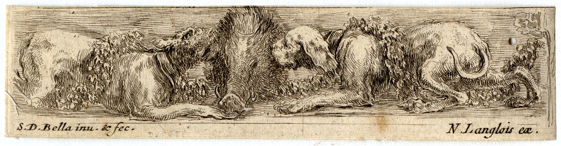 Frise intérieure gauche d'une planche de trois frises, deux chiens et une tête de sanglier FIE DEL 995