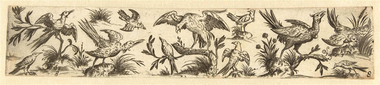 Fries met elf vogels, in het midden staat een grote vogel op een tak. Free illustration for personal and commercial use.