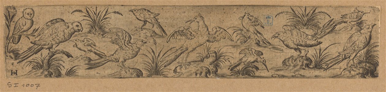 Frieze with eleven birds; a small owl at left s.d print by Jan Collaert (I), S.I 1007, Prints Department, Royal Library of Belgium