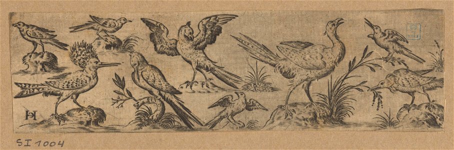 Frieze with twelve birds; a hopoe at bottom left s.d print by Jan Collaert (I), S.I 1004, Prints Department, Royal Library of Belgium