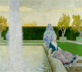 Fritz Erler Frau im Park am Brunnen c1900. Free illustration for personal and commercial use.