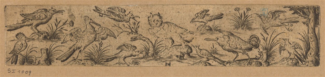 Frieze with eleven birds; an owl at left s.d print by Jan Collaert (I), S.I 1009, Prints Department, Royal Library of Belgium