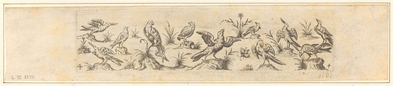 Frieze with eleven birds and an insect s.d print by Jan Collaert (I), S.IV 86331, Prints Department, Royal Library of Belgium