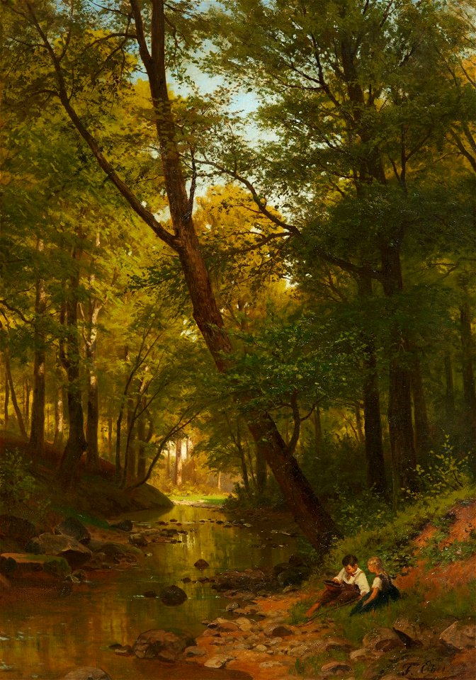 Fritz Ebel Waldlandschaft mit spielenden Kindern an einem Bach