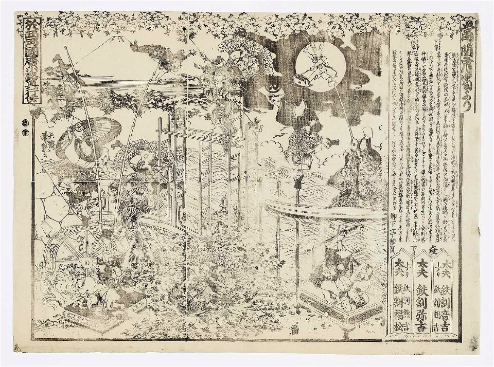 From Osaka, the Acrobatic Troupe of Tetsuwari Yakichi, with Tetsuwari Otokichi lifting Tetsuwari Tsurukichi, and Tetsuwari Fukumatsu Lifting Tetsuwari Kumakichi