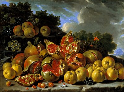 Frutero peros, granadas y uvas-meléndez