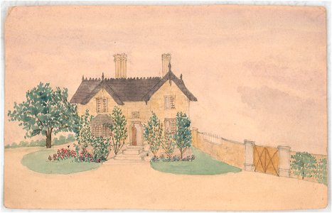 Front view of unidentified building made from stone blocks with ornate chimneys and roof ridge, and with bay window to the left of the door, and with shrubs, flowers, and trees in front and LCCN2016648720. Free illustration for personal and commercial use.