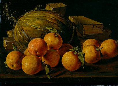 Frutero naranjas, melón y cajas de dulce-meléndez