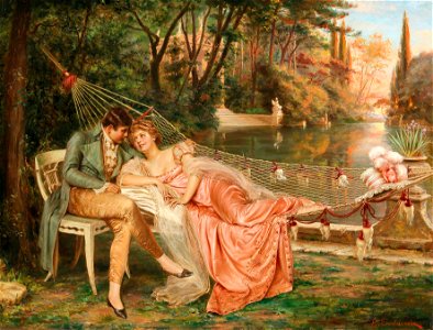 Frédéric Soulacroix - Flirting in the Park of the Villa Borghese, Rome. Free illustration for personal and commercial use.