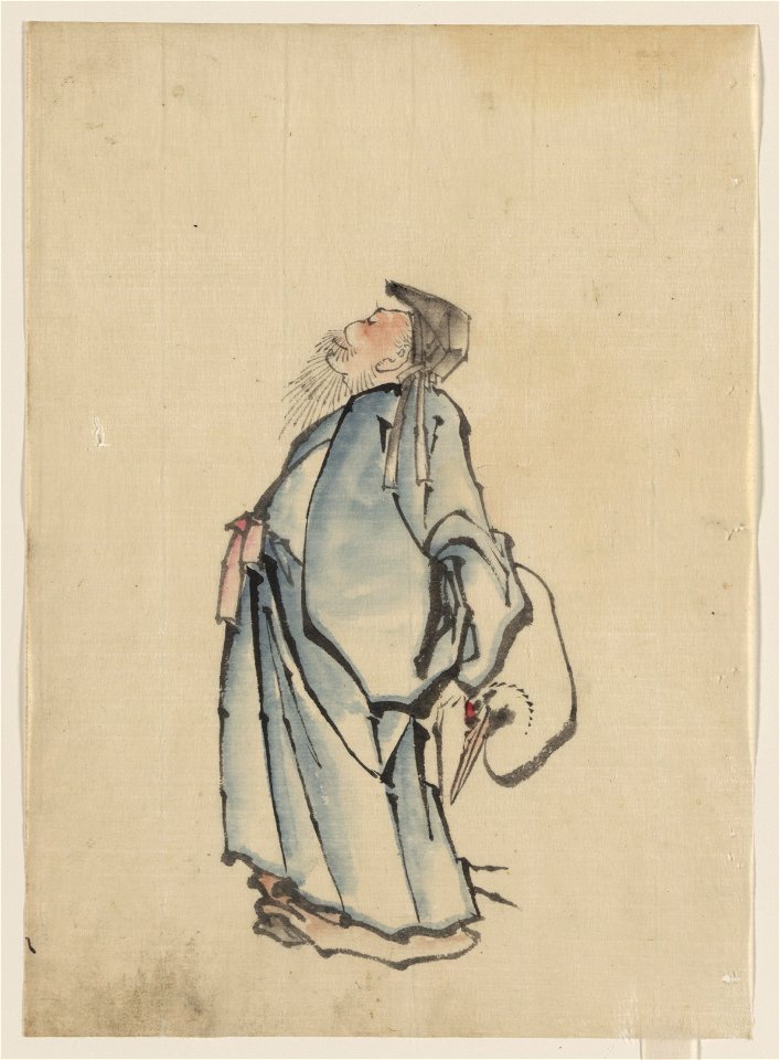 Fukurokuju, the god of wisdom, wealth, long life, and happiness, one of the seven lucky gods, facing left, wearing robes and a hat, with a red-crowned crane standing to his right LCCN2009631918