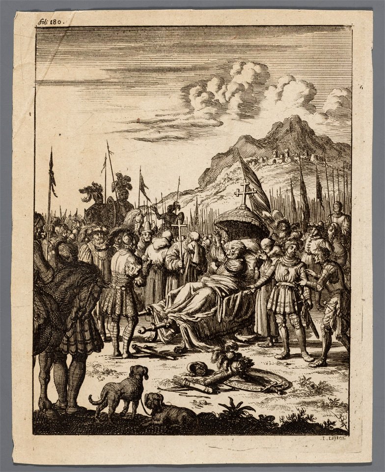 Fulco, graaf van Anjou en koning van Jeruzalem sterft op een draagbaar temidden van ridders, objectnr A 41621