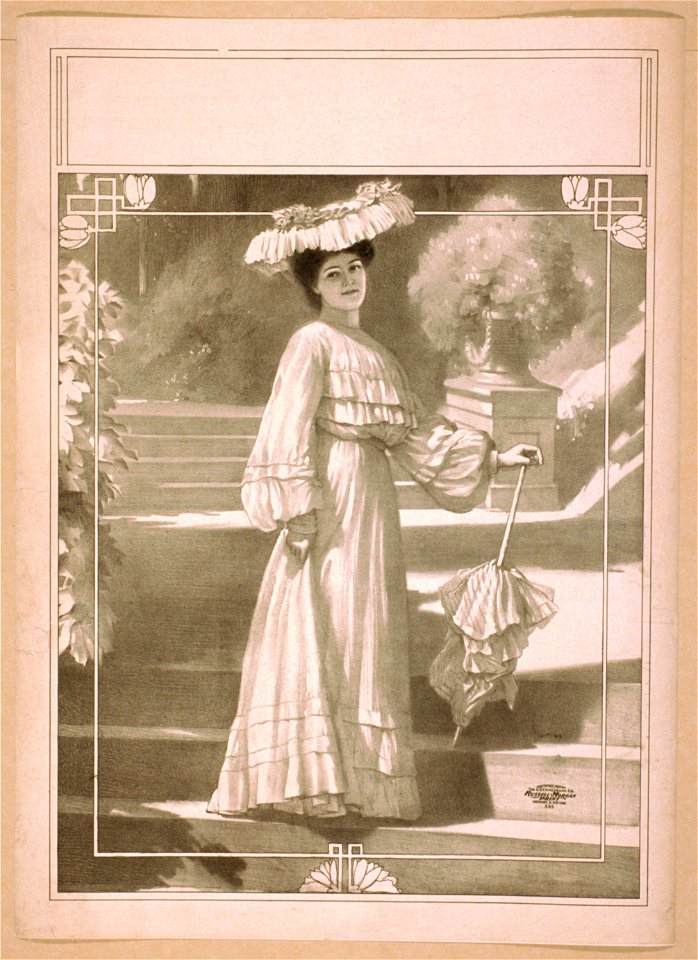 Full length image of woman, standing on steps, wearing hat and long dress, holding parasol LCCN2014636847