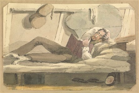 Full length view of man relaxing on a bunk reading a book RMG PZ4309