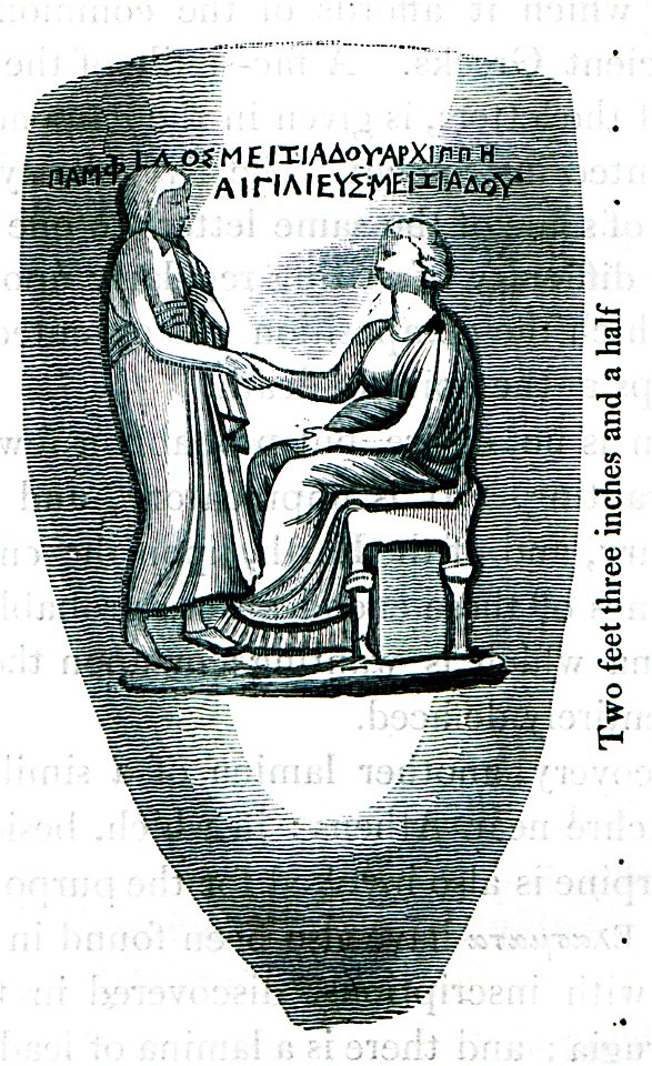 Funerary monument in the shape of a hydria, depicting funerary ceremony This monument was found at the Roman Agora of At - Dodwell Edward - 1819