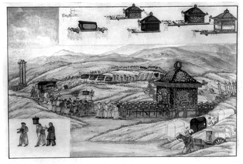 Funeral procession in which numerous bearers carry a coffin decorated with dragons, possibly the emperor's, on long poles LCCN90705033