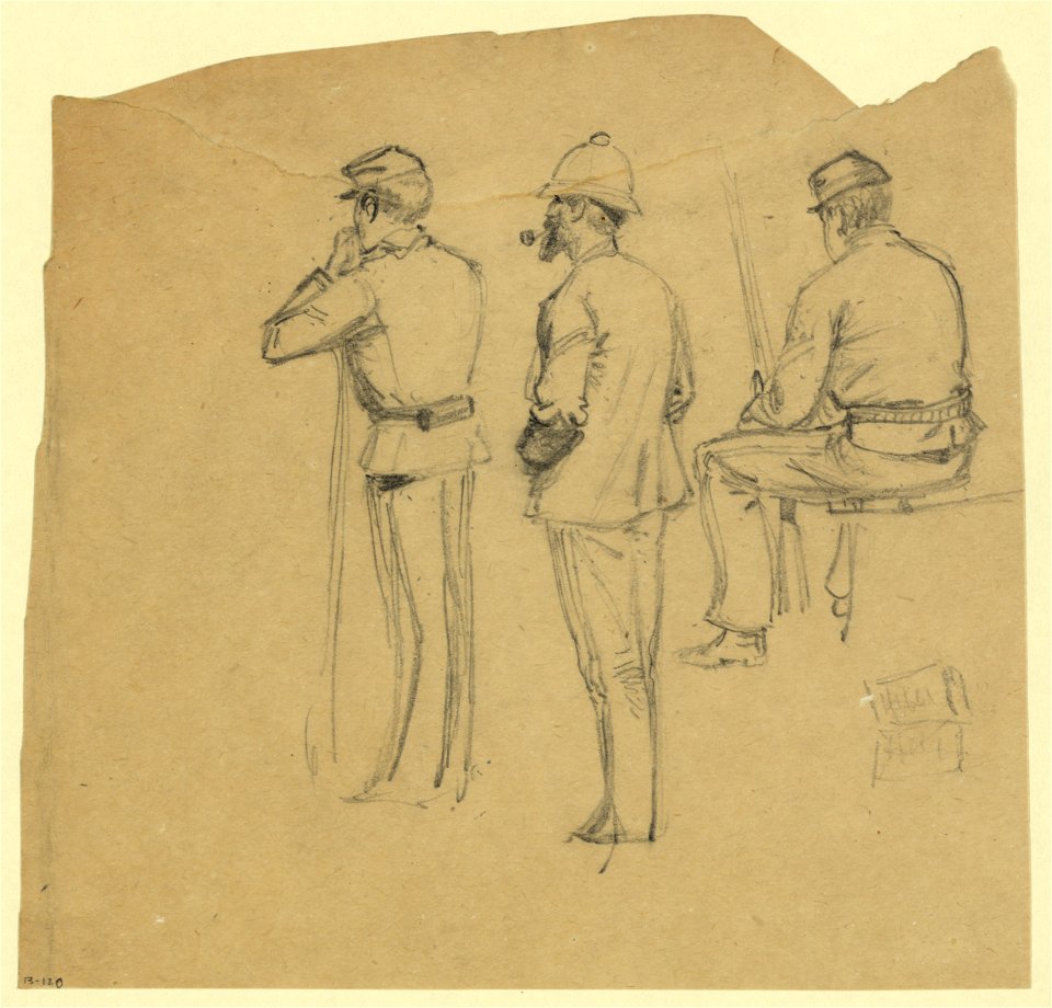 Full-length rear-view sketches of three soldiers LCCN2004661098