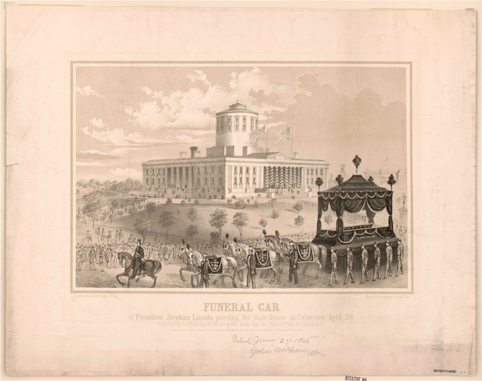 Funeral car of President Abraham Lincoln passing the State House at Columbus, April 29 - drawn by Albert Ruger U.S.A. ; Ehrgott, Forbriger & Co., lith, Cin. LCCN2003656358