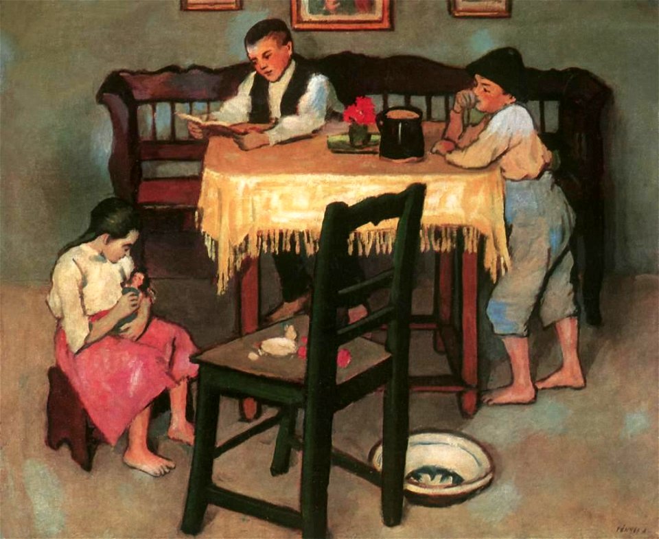 Fényes Adolf - 1907 - Parasztszoba három gyerekkel. Free illustration for personal and commercial use.