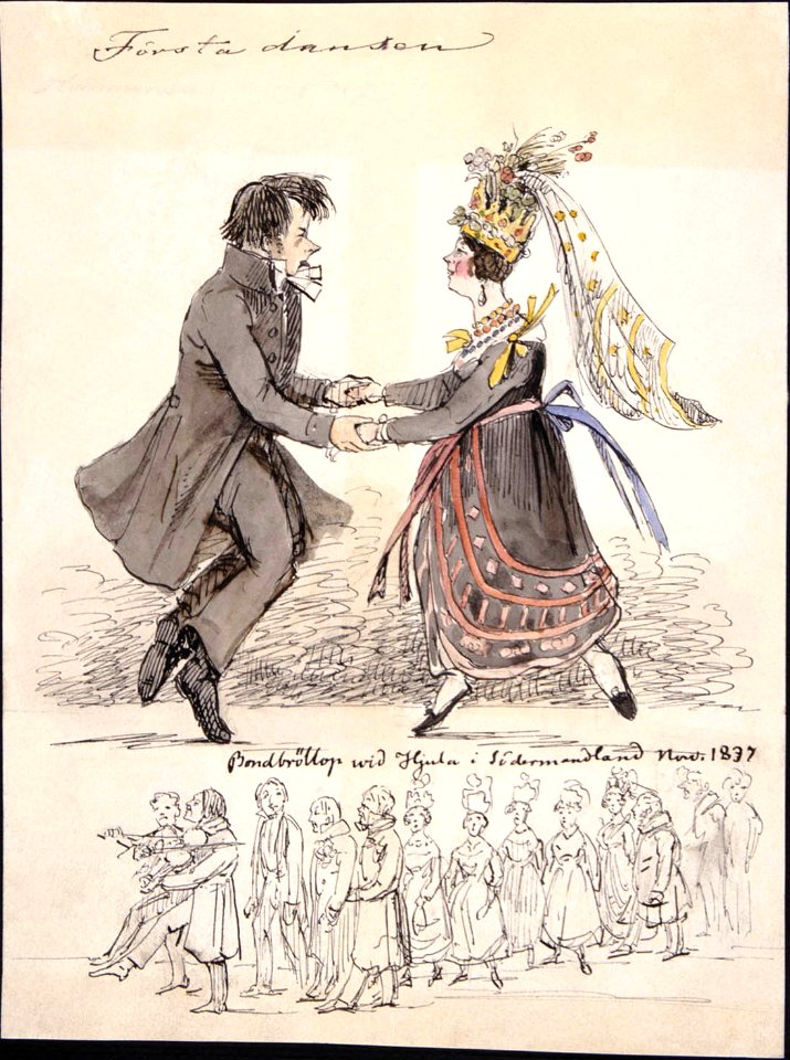 Första dansen. Bondbröllop vid Hjula i Södermanland. Fritz von Dardel, 1837 - Nordiska Museet - NMA.0037691