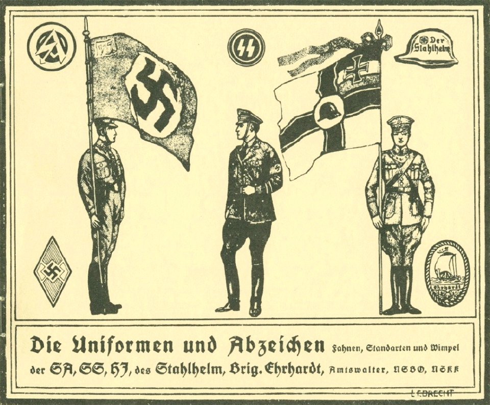 G Lebrecht Uniformen Abzeichen Fahnen Standarten Wimpel SA Sturmabteilung SS Schutzstaffel HJ Hitlerjugend Stahlhelmbund Brigade Ehrhardt Amtswalter NSBO NSKK 1933 01 NSDAP Nazi Party uniforms structure booklet cropped. Free illustration for personal and commercial use.