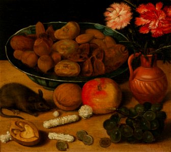 G. Flegel - Stilleven met vaas bloemen, noten, vruchten en muis - NK1615 - Delft Municipal Museums