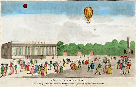 Fête du 14 juillet an IX vue du temple eleve dans le grand carré des Champs Elyseés dans lequel le concert fut exécuté