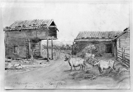 Föreställande några byggnader i Ursviken nära Skellefteå. Fritz von Dardel, 1868 - Nordiska Museet - NMA.0056043