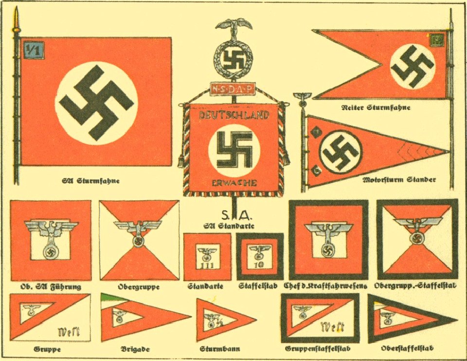 G Lebrecht Uniformen Abzeichen Fahnen der NSDAP Stahlhelmbund usw ca 1932 20 Tafel 10 Standarte Fahnen Komdo.-Flaggen. SA Sturmfahne Stander Wimpel Deutschland erwache Nazi Party paramilitary flags pennants etc Propaganda booklet No cop. Free illustration for personal and commercial use.