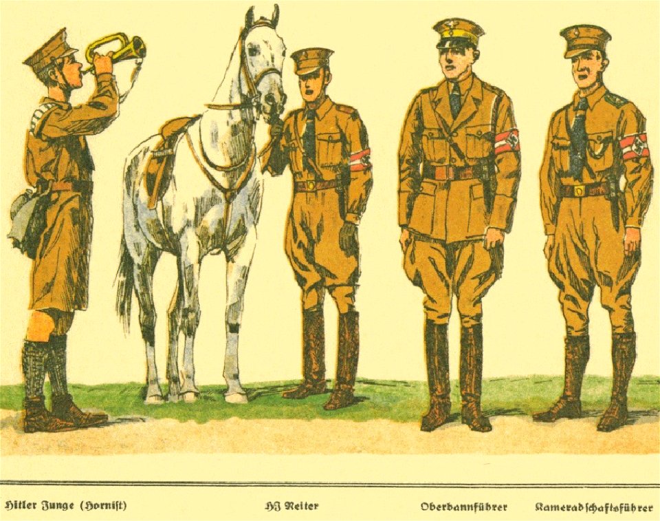 G Lebrecht Uniformen Abzeichen Fahnen der NSDAP Stahlhelmbund usw ca 1932 21 Tafel 11 Hitlerjungen HJ-Führer. HJ Hitlerjugend Hitler Junge Hornist Reiter Oberbannführer Nazi Party paramilitary uniforms Hitler Youth Propaganda bookle
