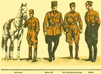 G Lebrecht Uniformen Abzeichen Fahnen der NSDAP Stahlhelmbund usw ca 1933 13 Tafel 03 Sonderformationen SA Sturmabteilung Reiter Motor-SA Nachrichtenabteilung NSKK Nazi Party paramilitary uniforms Brownshirts Propaganda booklet No copyr. Free illustration for personal and commercial use.