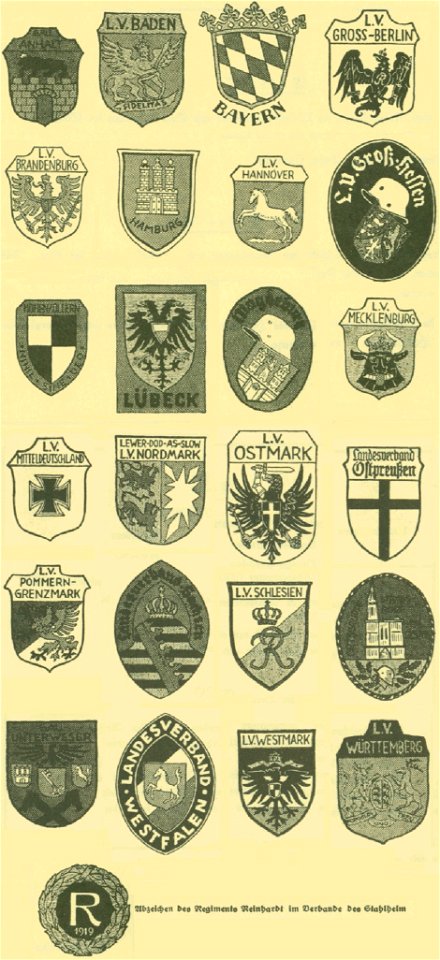 G Lebrecht Uniformen Abzeichen Fahnen der NSDAP Stahlhelmbund usw ca 1932 10 Seite 22-23 Landesverbände des Stahlhelm rechter Oberarm Wappen Reg Reinhardt Freikorps Regional coats of arms District sleeve patch Paramilitary uniforms No