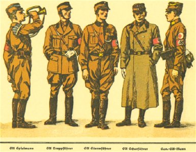 G Lebrecht Uniformen Abzeichen Fahnen der NSDAP Stahlhelmbund usw ca 1933 11 Tafel 01 SA Sturmabteilung Mannschaft Unterf Spielmann Truppführer Scharführer San.-SA-Mann etc Nazi Party paramilitary uniforms Brownshirts Propaganda boo. Free illustration for personal and commercial use.