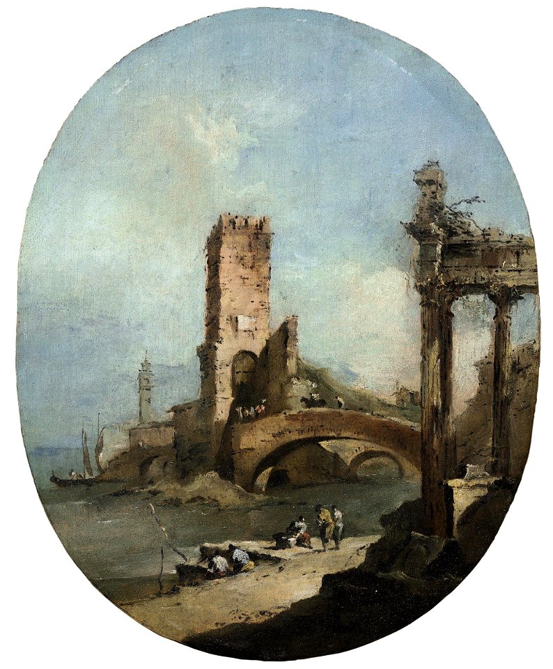 Guardi - A capriccio with a ruined temple, a fortified bridge and a campanile on the lagoon, 5391268
