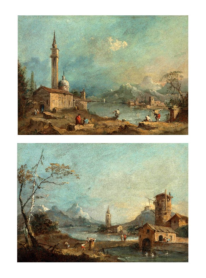 Guardi - A capriccio with a church by a lake and figures fishing on the shore, mountains beyond; and A capriccio with a tower and buildings by a lake, mountains beyond, 5586442