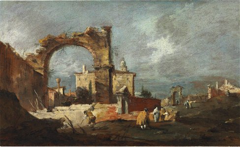 Guardi - A capriccio with a ruined arch and a villa beyond, figures in the foreground, 5175871. Free illustration for personal and commercial use.