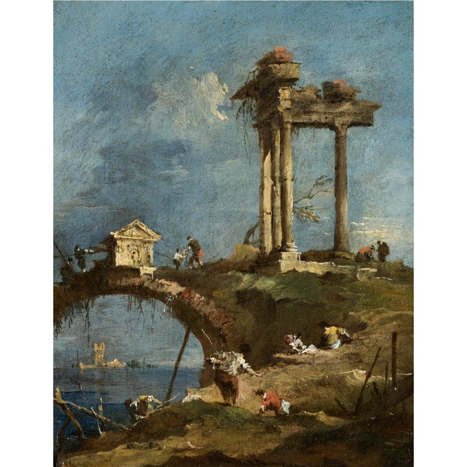 Guardi - A CAPRICCIO VIEW OF A RUINED TEMPLE NEAR A BRIDGE, FIGURES ON THE RIVER BANK IN THE FOREGROUND, lot.71