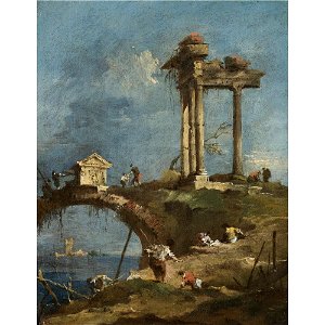 Guardi - A CAPRICCIO VIEW OF A RUINED TEMPLE NEAR A BRIDGE, FIGURES ON THE RIVER BANK IN THE FOREGROUND, lot.71