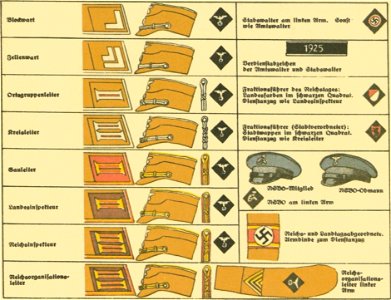 G Lebrecht Uniformen Abzeichen Fahnen der NSDAP Stahlhelmbund usw ca 1933 30 Tafel 20 Amtswalter Stabswalter Reichstagsabgeordneter NSBO Kragenspiegel Schulterklappen Armbinde Mützen etc Verdienstabzeichen Nazi Party uniforms ranks et. Free illustration for personal and commercial use.