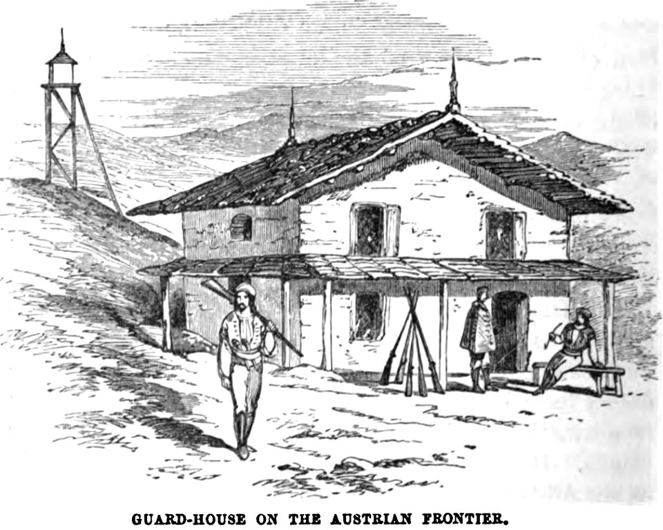 Guard-House on the Austrian Frontier. Edmund Spencer. Turkey, Russia, the Black Sea, and Circassia.P.64. Free illustration for personal and commercial use.
