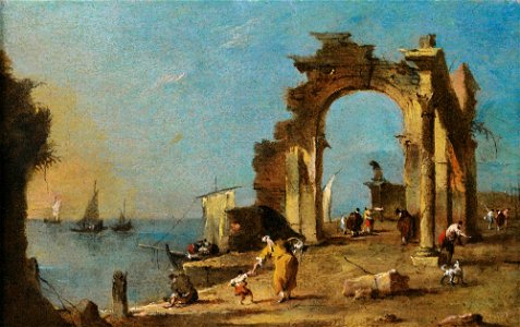 Guardi - A CAPRICCIO OF A RUINED ARCHWAY ON THE EDGE OF THE VENETIAN LAGOON, WITH A MOTHER STRUGGLING WITH HER CHILD IN THE FOREGROUND, lot.317
