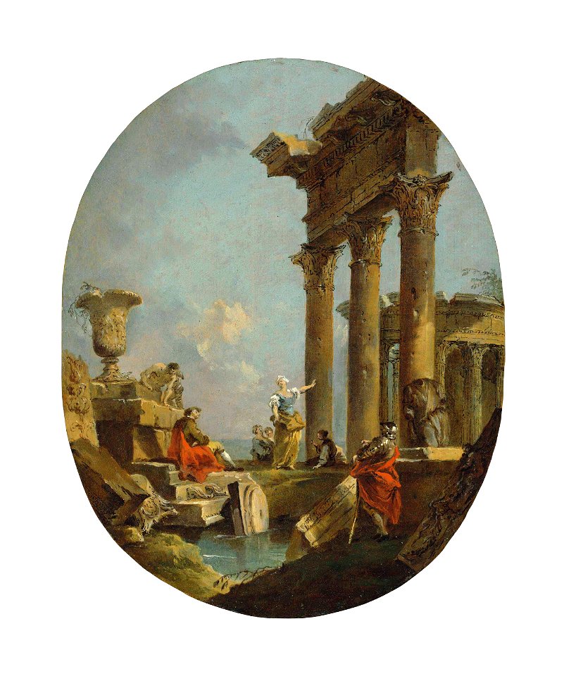 Guardi - An architectural capriccio with figures by ruins near a shore, 6089084