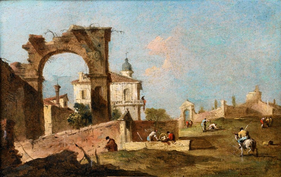 Guardi - A CAPRICCIO OF A RUINED ARCHWAY, A VILLA AND A CHURCH, WITH A HORSEMAN IN THE FOREGROUND, lot.316