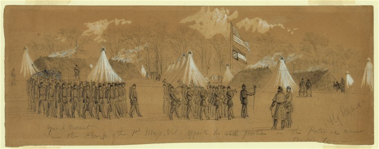 Guard Mount in the Camp of the 1st Mass. Vol. Opposite the rebel position on the Potomac near Budds Ferry LCCN2004660334