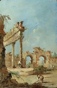 Guardi - An architectural capriccio with a man collecting branches and figures by ruins, 6117618
