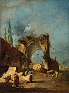 Guardi - A capriccio of ruined buildings, with cypresses and figures by an arch, 5813748. Free illustration for personal and commercial use.