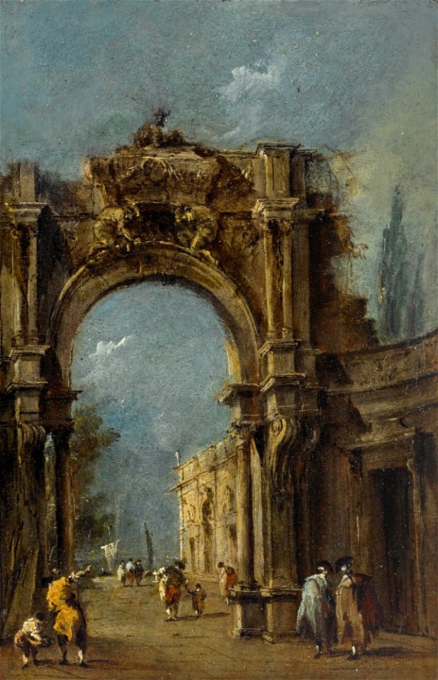 Guardi - A CAPRICCIO OF AN ARCHWAY, WITH FIGURES BENEATH AND A LAGOON BEYOND, lot.345