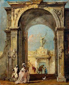 Guardi - An architectural capriccio with elegantly dressed figures and a dog at the entrance to a palace, 6282038