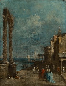 Guardi - Attributed to - A capriccio of the Venetian lagoon, with figures promenading by classical ruins, 6237969. Free illustration for personal and commercial use.